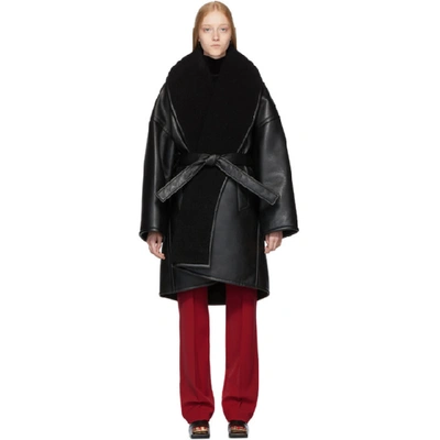 Balenciaga Oversized Belted Faux Shearling-trimmed Faux Leather Coat In Noir