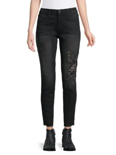 Driftwood Jackie Floral Embroidered Raw Edge Skinny Jeans In Black