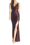 Dress The Population Jordan Ruched Mermaid Gown In Port