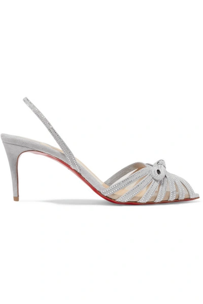 Christian Louboutin Araborda 70 Crystal-embellished Suede And Mesh Slingback Sandals In Light Grey