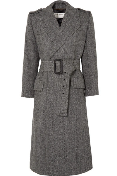 Saint Laurent Oversized Belted Herringbone Coat In Grey