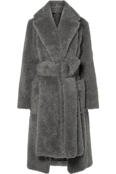 Helmut Lang Shaggy Faux Fur Belted Coat In Gray