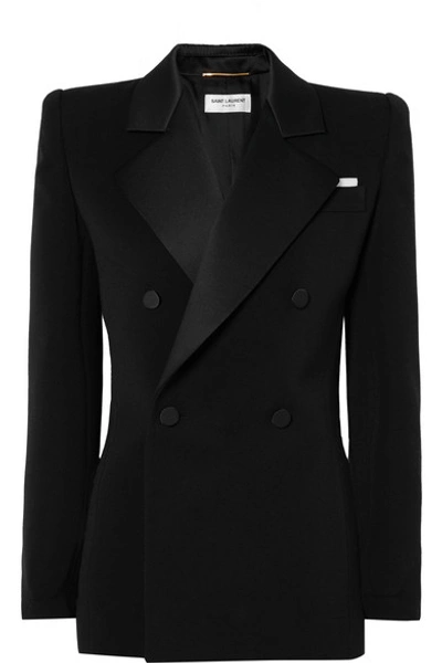 Saint Laurent Silk Satin-trimmed Wool Mini Dress In Black