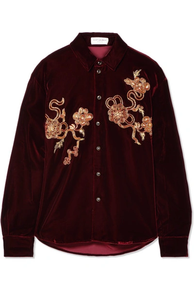 Saint Laurent Saint Lauren Embroidered Chinoiserie Velvet Shirt In Bordeaux