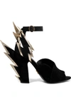 PRADA 105 METALLIC TEXTURED LEATHER-TRIMMED SUEDE SANDALS