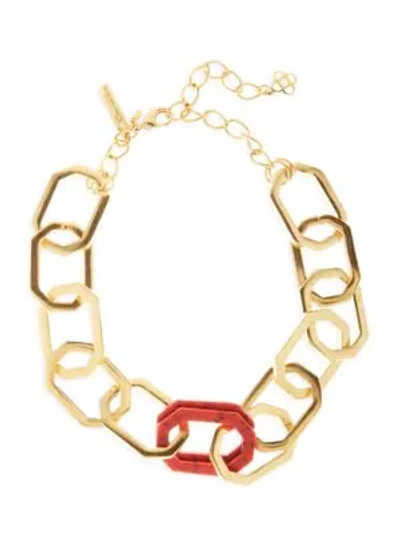 Oscar De La Renta Goldtone & Carnelian Elongated Octagon Link Choker Necklace In Red