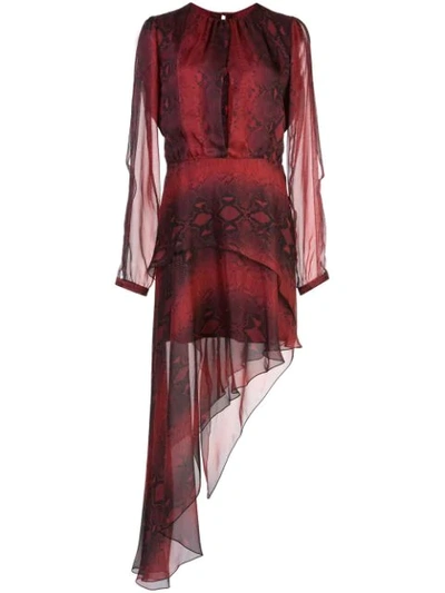 Amiri Asymmetric Snake-print Silk-chiffon Dress In Red