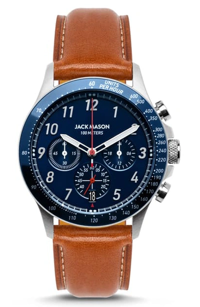 Jack Mason Camber Racing Chronograph Leather Strap Watch, 42mm In Tan/ Navy/ Silver