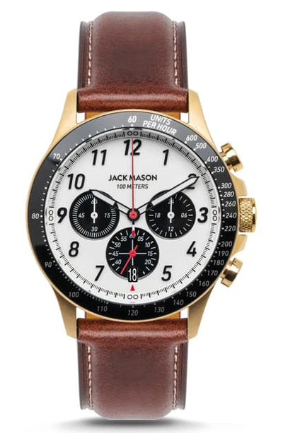 Jack Mason Camber Racing Chronograph Leather Strap Watch, 42mm In Brown/ White/ Gold
