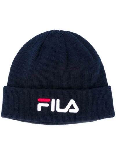 Fila Logo刺绣罗纹针织套头帽 In Blue