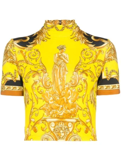 Versace Femme Baroque Highneck Jersey Crop Top In Yellow