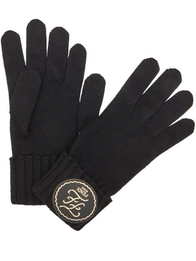 Fendi Cashmere Karligraphy Logo Patch Gloves In Black