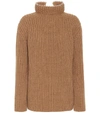 Loewe Faux Pearl-embellished Ribbed Cashmere Turtleneck Sweater In Camel