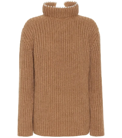 Loewe Faux Pearl-embellished Ribbed Cashmere Turtleneck Sweater In Camel