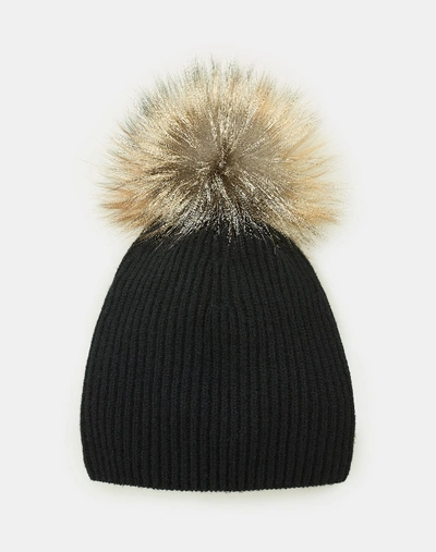 Lafayette 148 Fox Trim Cashmere Ribbed Hat In Black