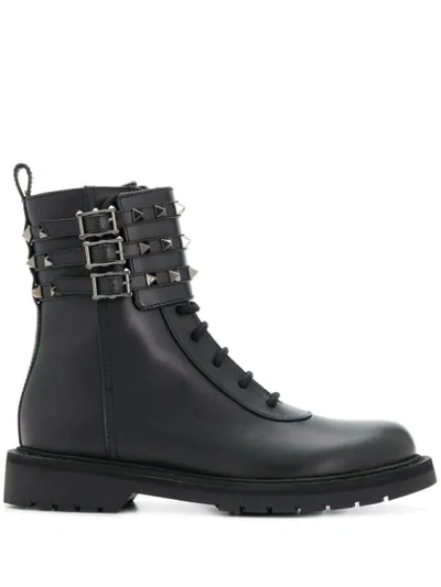 Valentino Garavani Rockstud Combat Leather Ankle Boots In Black