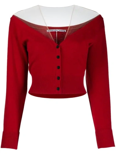 Alexander Wang Fitted Cropped Cardigan With Sheer Yoke In Red