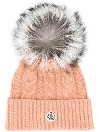 Moncler Fur-trimmed Wool-blend Beanie In Pink