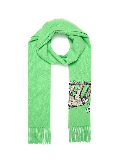 Acne Studios Fringe Animal Embroidered Melton Scarf In Green