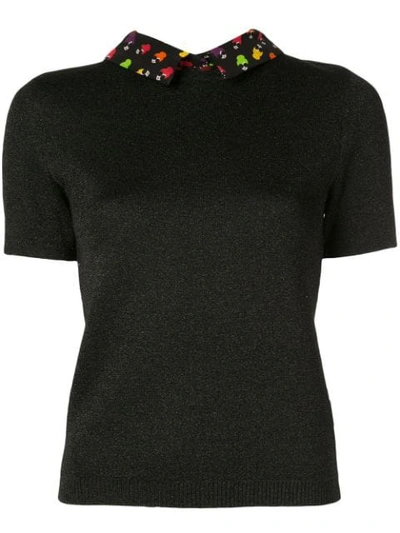 Alice And Olivia Aster Removable Graphic Collar Short Sleeve Sweater In Rainbow Stace Face Black