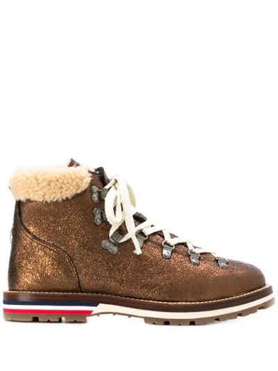 Moncler Blanche Shearling-trimmed Metallic Leather Hiking Boots In Metallic Copper
