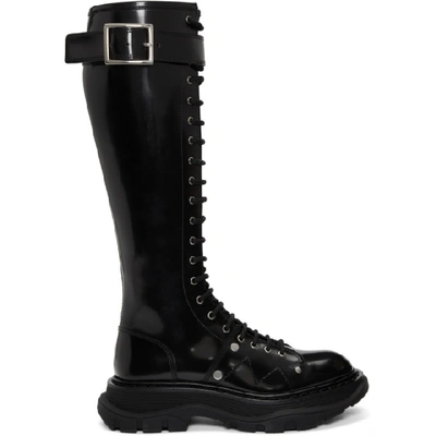 Alexander Mcqueen Glossed-leather Exaggerated-sole Knee Boots In Black