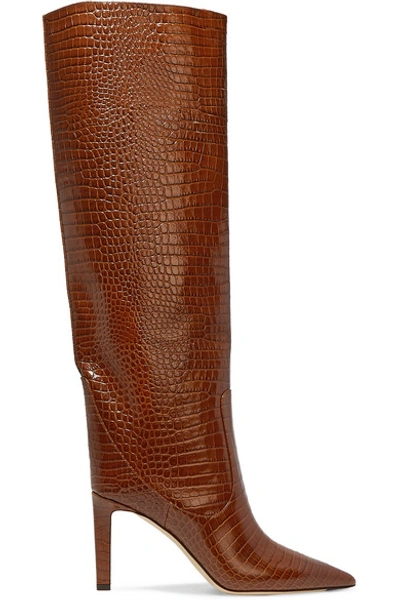 Jimmy Choo Mavis 85 Croc-effect Leather Knee Boots In Tan