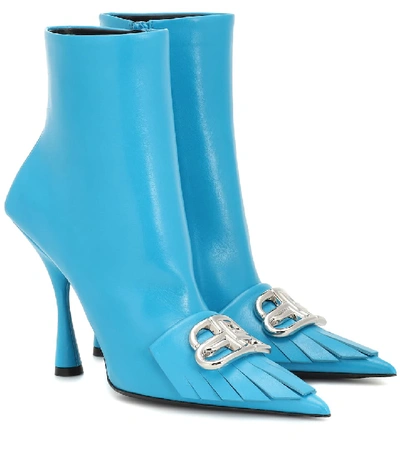 Balenciaga Blue Leather Fringe Knife Ankle Boots In White