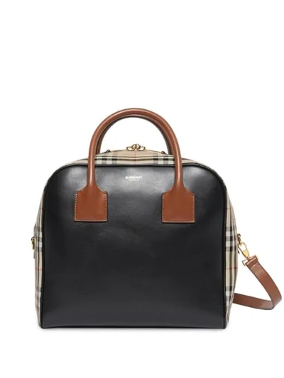 Burberry Medium Leather And Vintage Check Cube Tote In Black,beige,red