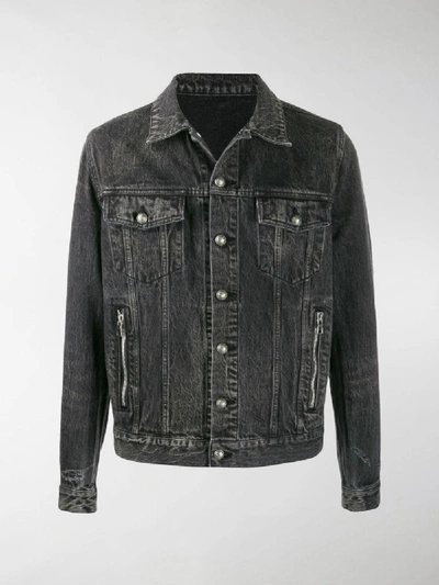 Balmain Logo Print Faded Denim Jacket In Black