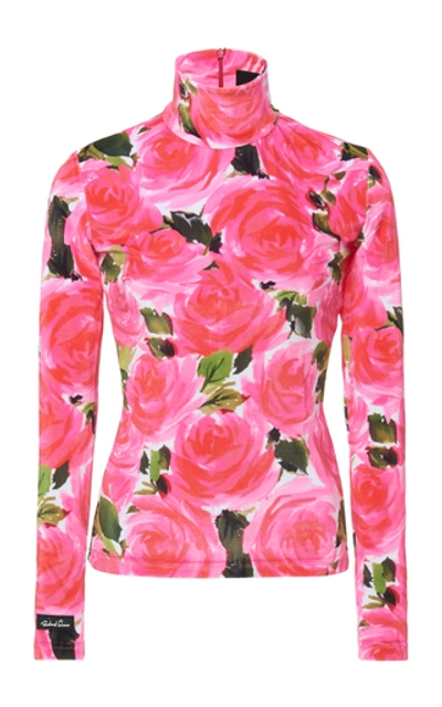Richard Quinn Rose Garden Floral-print Stretch-knit Turtleneck Top In Pink