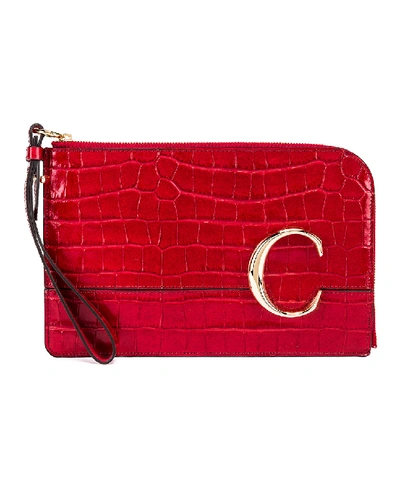 Chloé Chloe C Croc Embossed Pouch In Red In Dusky Red