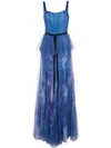 MARCHESA NOTTE PRINTED SEQUIN PLEATED TULLE GOWN