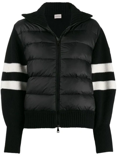 Moncler Quilted Down & Stripe Sleeve Cardigan In 999 Black