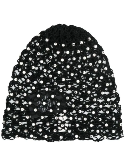 Saint Laurent Crystal Embellished Crochet Beanie In Black