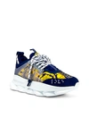 Versace Blue & Gold Heritage 'crete De Fleur' Chain Reaction Sneakers In Blue
