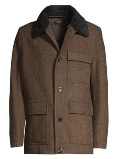 Andrew Marc Faux Fur Trim Wool Button-front Coat In Brown