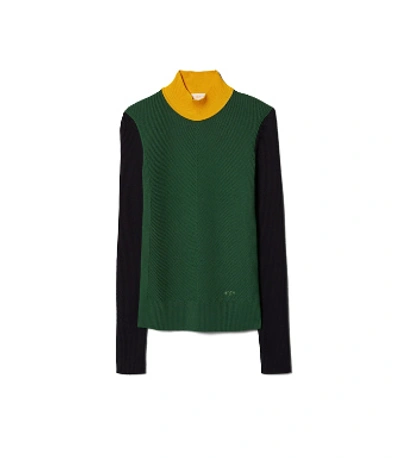 Tory Burch Color-block Mockneck Sweater In Green Jungle
