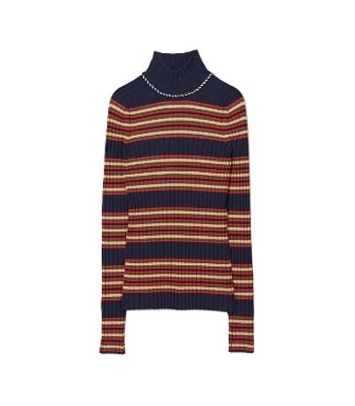 Tory Burch Ribbed Stripe Merino Wool Turtleneck Sweater In Tory Navy / Brush Stripe