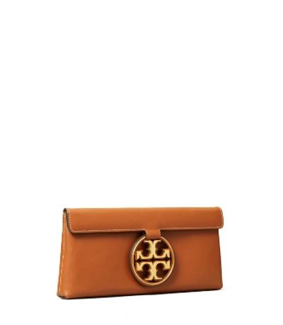 Tory Burch Miller Metal-logo Clutch In Aged Camello