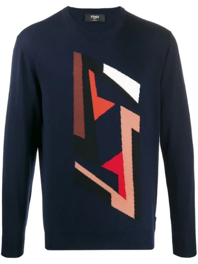 Fendi Futuristic Logo Wool Jacquard Sweater In Blue