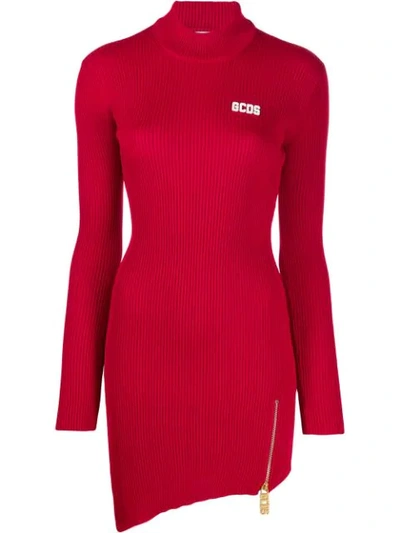 Gcds Ribbed Asymmetric Hem Dress In Red