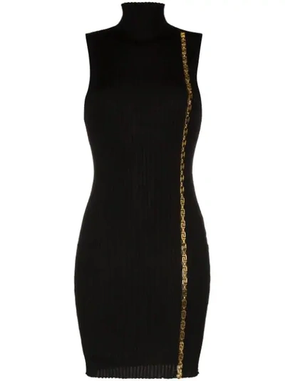 Versace Ribbed Gold Chain Sleeveless Mini Dress In A1008 Black