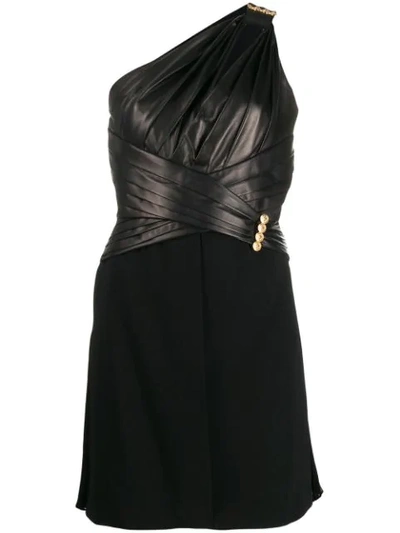 Versace One-shoulder Gathered Leather, Crepe And Chiffon Mini Dress In Black