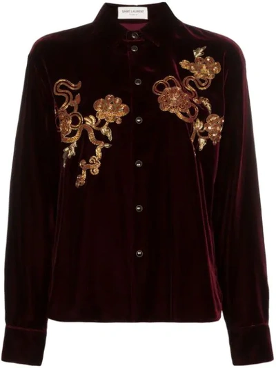 Saint Laurent Saint Lauren Embroidered Chinoiserie Velvet Shirt In Bordeaux