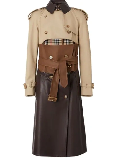 Burberry Paneled Leather, Cotton-gabardine And Canvas Trench Coat In Honey
