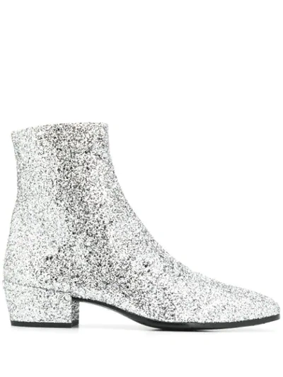 Saint Laurent Men's Caleb Glitter Ankle Boots In Silver