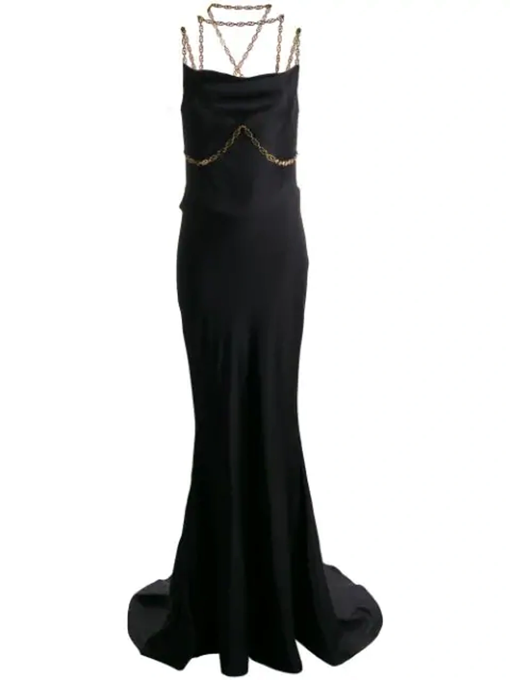 Versace Long Satin Dress W/ Gold Chain Detail In Black | ModeSens