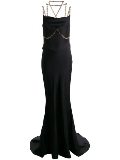 Versace Long Satin Dress W/ Gold Chain Detail In Black