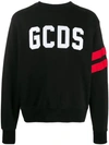 Gcds Crew Neck Sweater With Bold Logo And Striped Accents In Black
